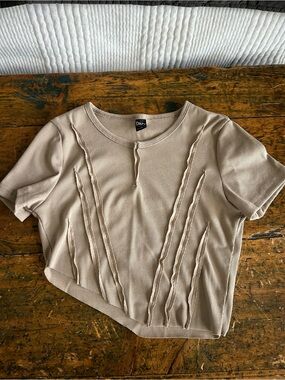 Dazy Asymmetrical Neutral Ribbed Crop Top with Raw-Edge Pleats